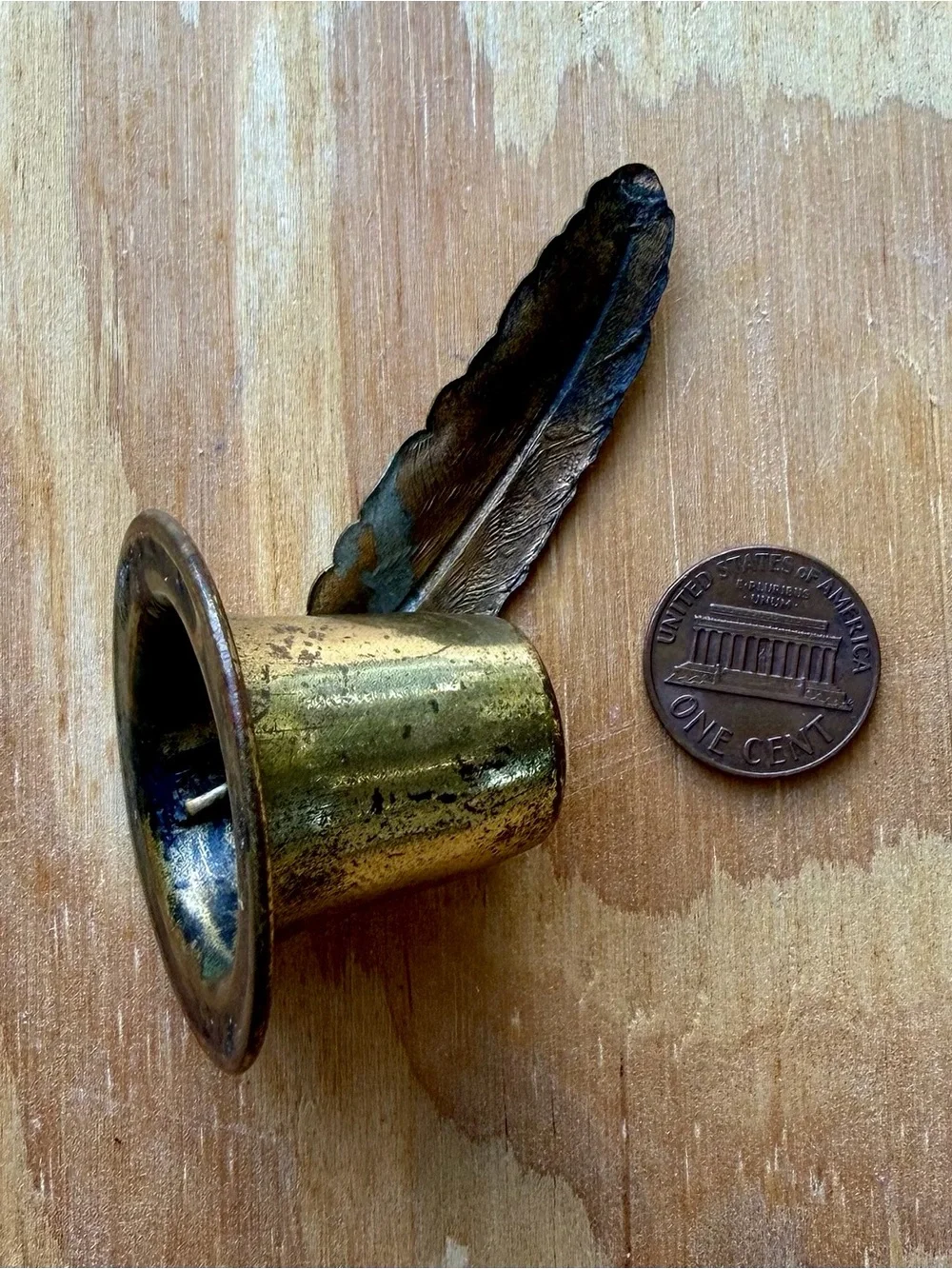 Brass Top Hat Candle Snuffer Feather Handle w/ Aged Patina